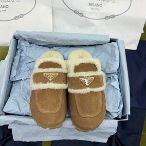 Prada Tan Suede Shearling-Trim Slip-On Slippers